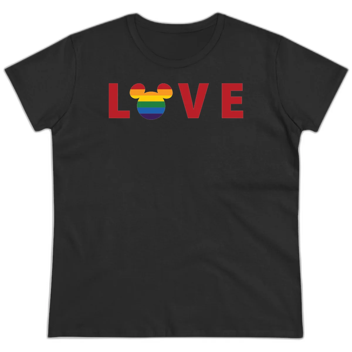 Love pride mouse ears design with rainbow-striped Mickey head icon and colorful pride flag stripes on gray background in Black