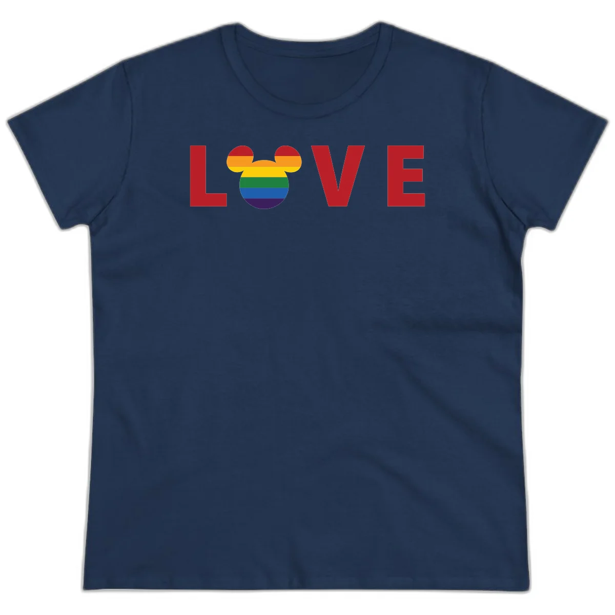 Love pride mouse ears design with rainbow-striped Mickey head icon and colorful pride flag stripes on gray background in Navy
