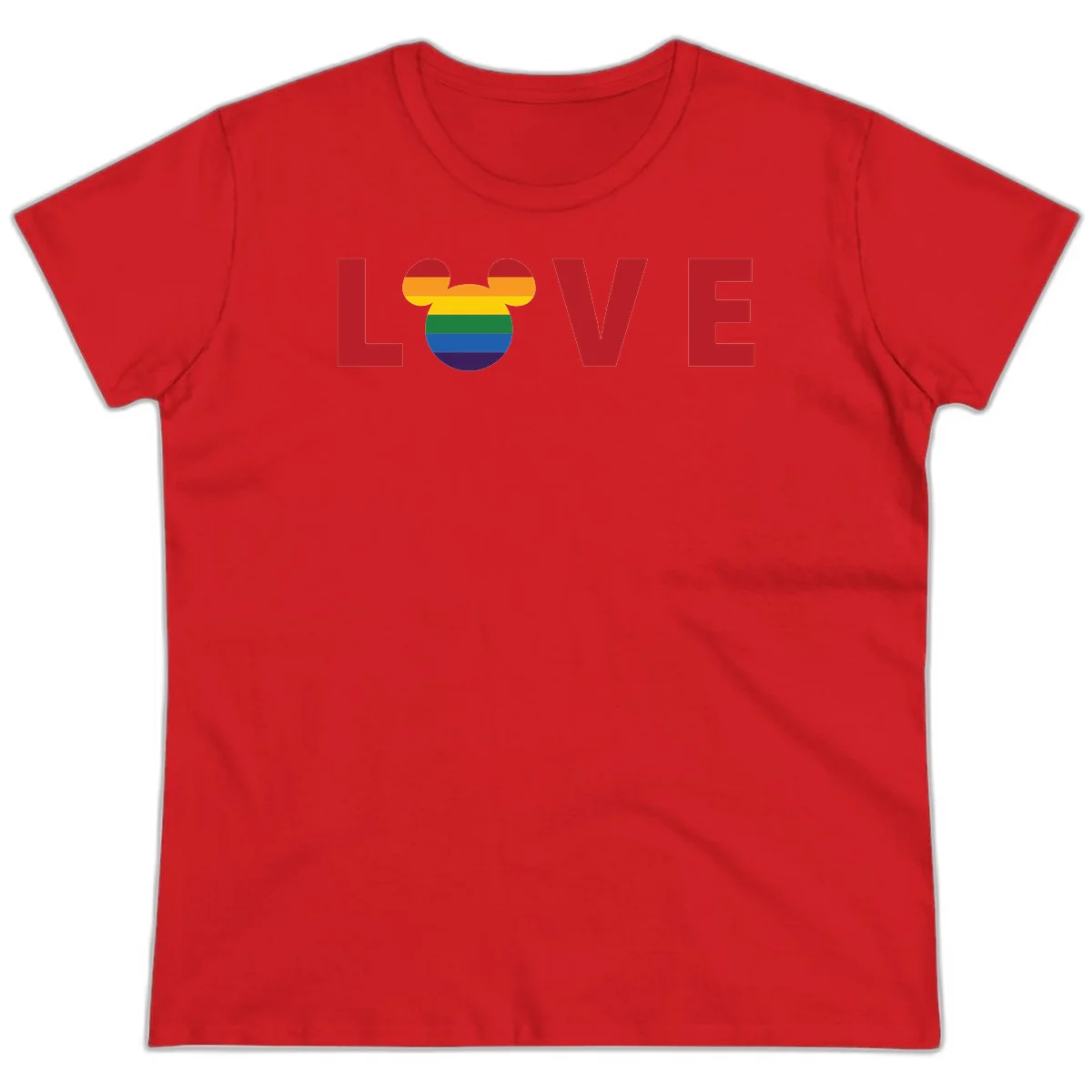 Love pride mouse ears design with rainbow-striped Mickey head icon and colorful pride flag stripes on gray background in Red