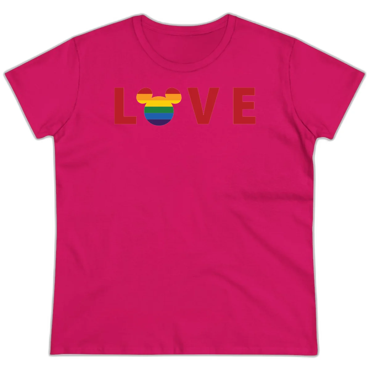 Love pride mouse ears design with rainbow-striped Mickey head icon and colorful pride flag stripes on gray background in Heliconia