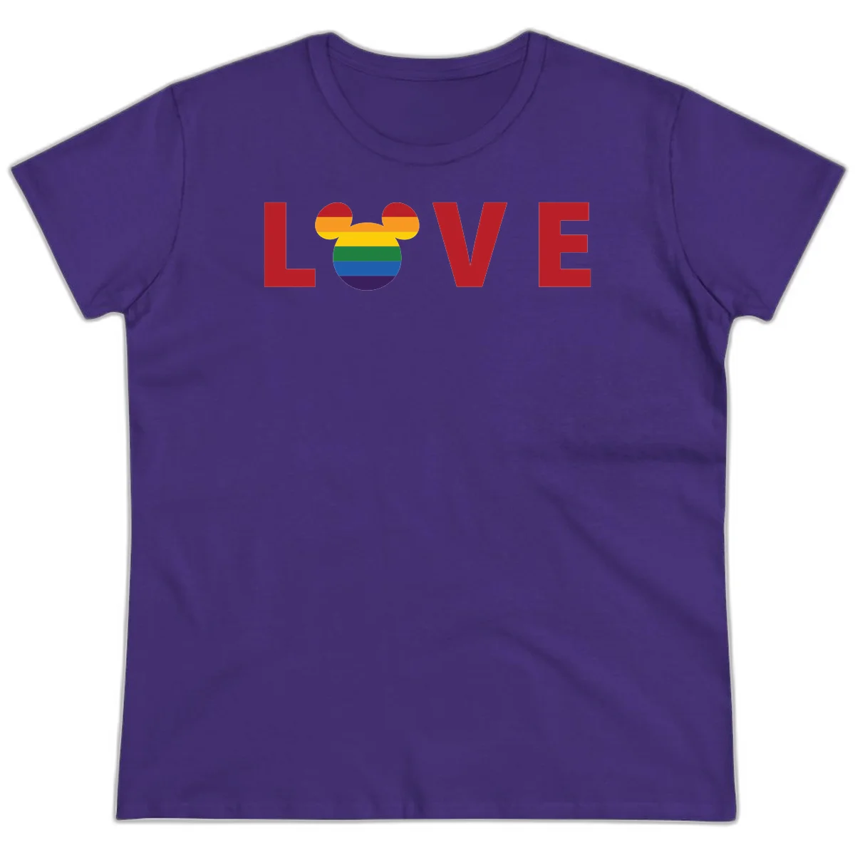 Love pride mouse ears design with rainbow-striped Mickey head icon and colorful pride flag stripes on gray background in Purple