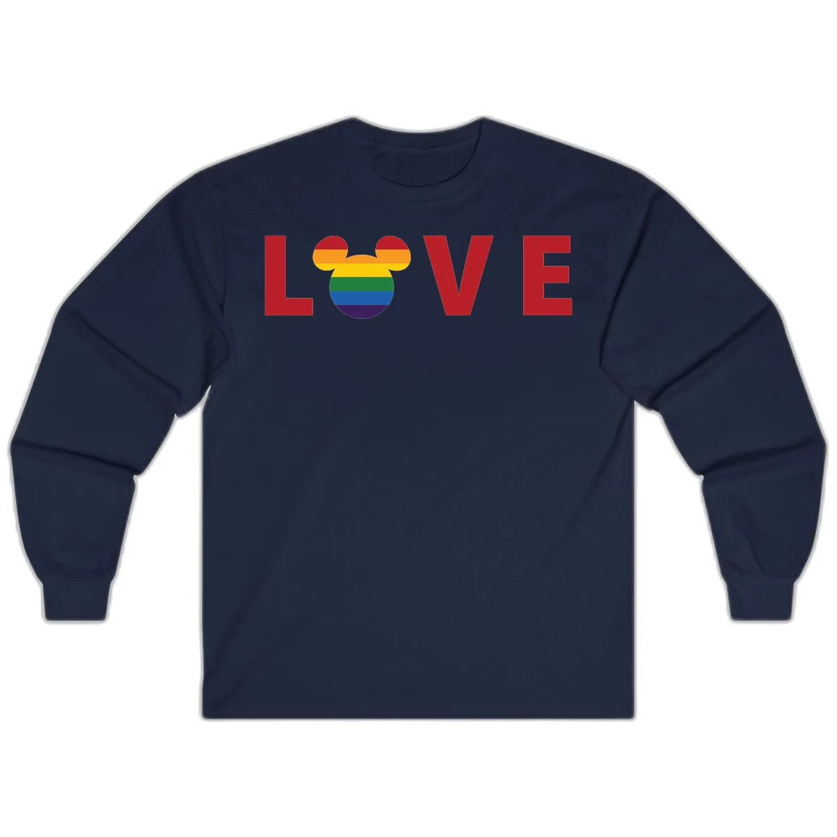 Love pride mouse ears design with rainbow-striped Mickey head icon and colorful pride flag stripes on gray background in Navy