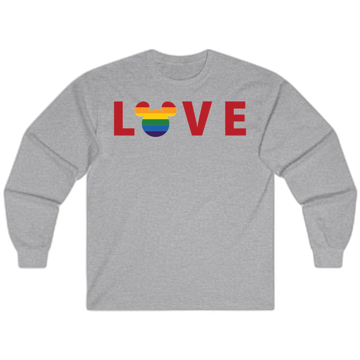 Love pride mouse ears design with rainbow-striped Mickey head icon and colorful pride flag stripes on gray background in Sport Grey