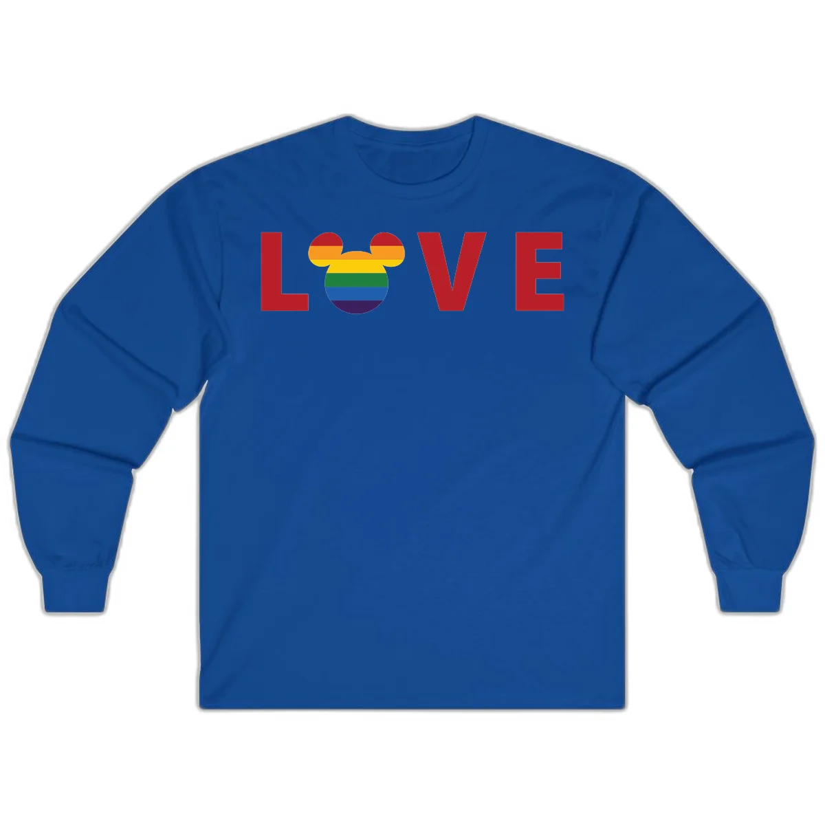 Love pride mouse ears design with rainbow-striped Mickey head icon and colorful pride flag stripes on gray background in Royal