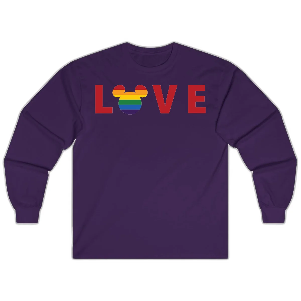 Love pride mouse ears design with rainbow-striped Mickey head icon and colorful pride flag stripes on gray background in Purple