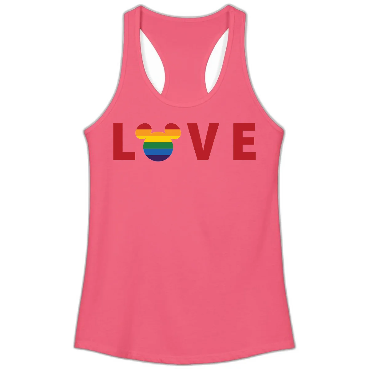 Love pride mouse ears design with rainbow-striped Mickey head icon and colorful pride flag stripes on gray background in Hot Pink