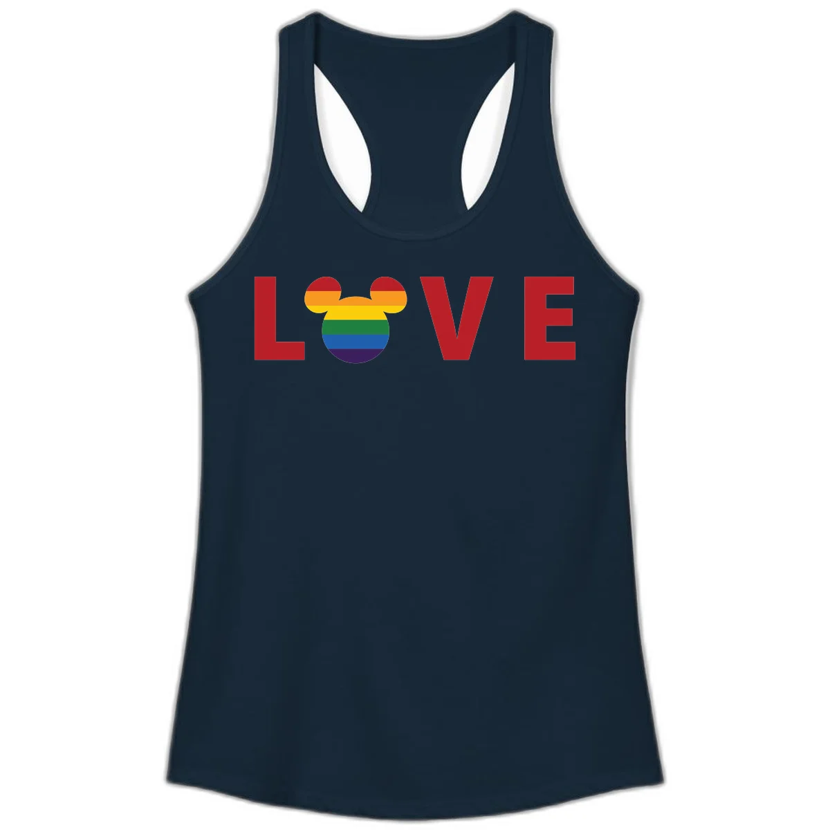 Love pride mouse ears design with rainbow-striped Mickey head icon and colorful pride flag stripes on gray background in Solid Midnight Navy
