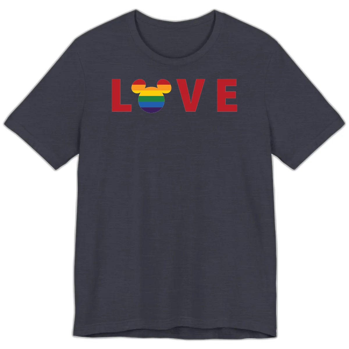 Love pride mouse ears design with rainbow-striped Mickey head icon and colorful pride flag stripes on gray background in Heather Midnight Navy