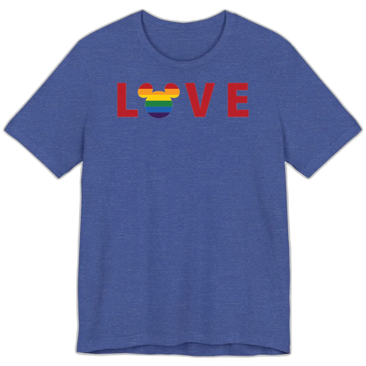 Love pride mouse ears design with rainbow-striped Mickey head icon and colorful pride flag stripes on gray background in Heather True Royal
