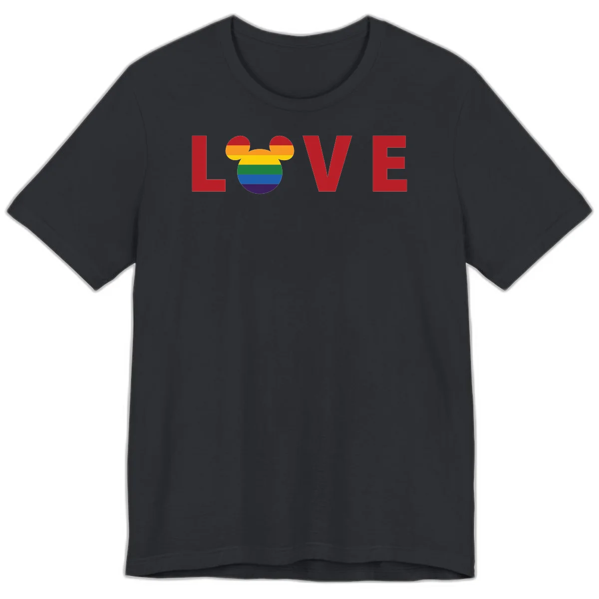 Love pride mouse ears design with rainbow-striped Mickey head icon and colorful pride flag stripes on gray background in Vintage Black