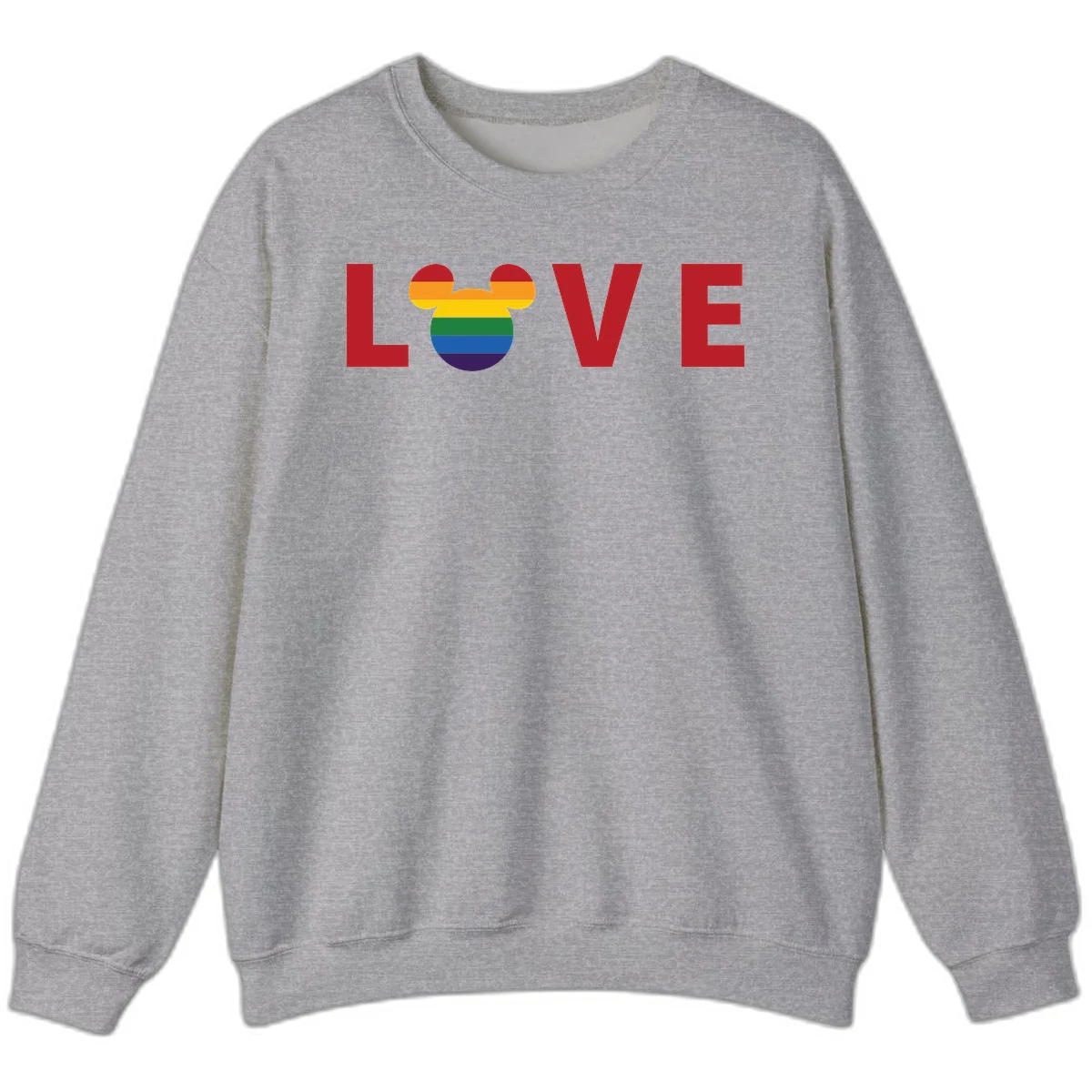 Love pride mouse ears design with rainbow-striped Mickey head icon and colorful pride flag stripes on gray background in Sport Grey