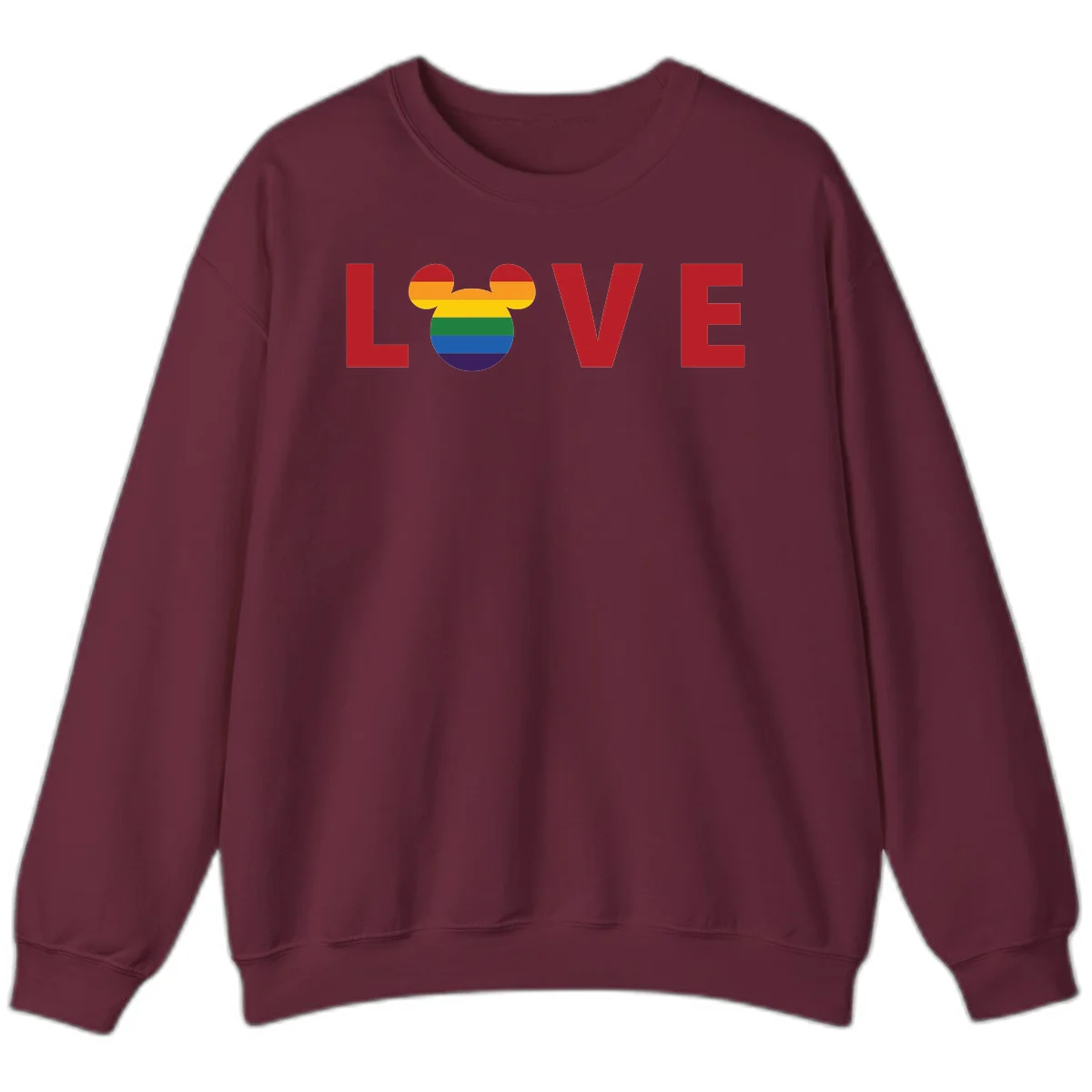 Love pride mouse ears design with rainbow-striped Mickey head icon and colorful pride flag stripes on gray background in Maroon