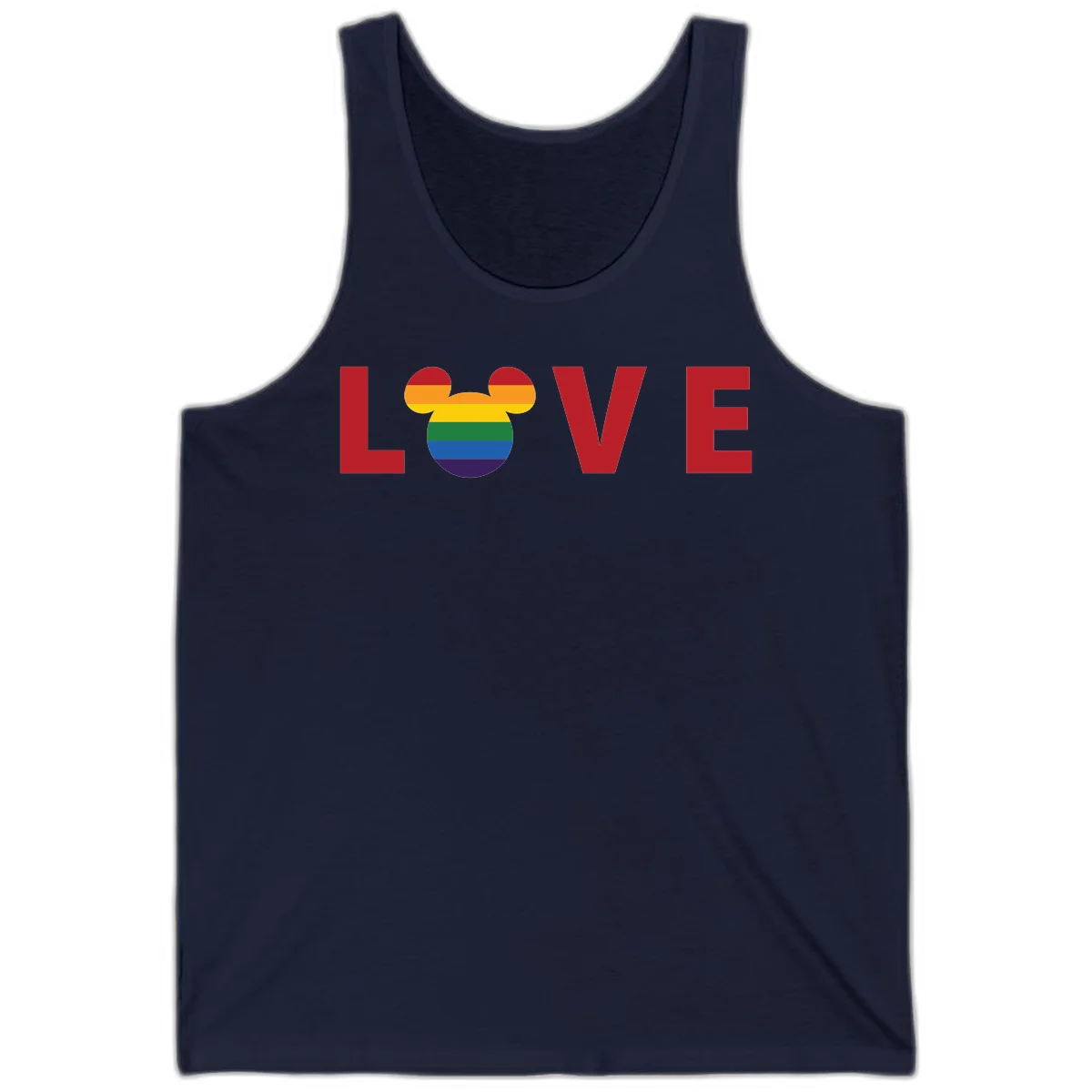 Love pride mouse ears design with rainbow-striped Mickey head icon and colorful pride flag stripes on gray background in Navy