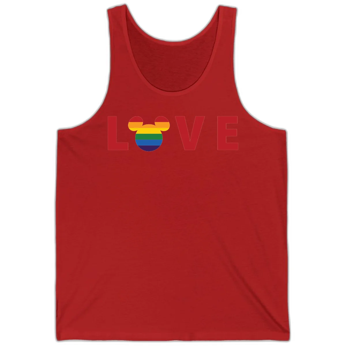 Love pride mouse ears design with rainbow-striped Mickey head icon and colorful pride flag stripes on gray background in Red