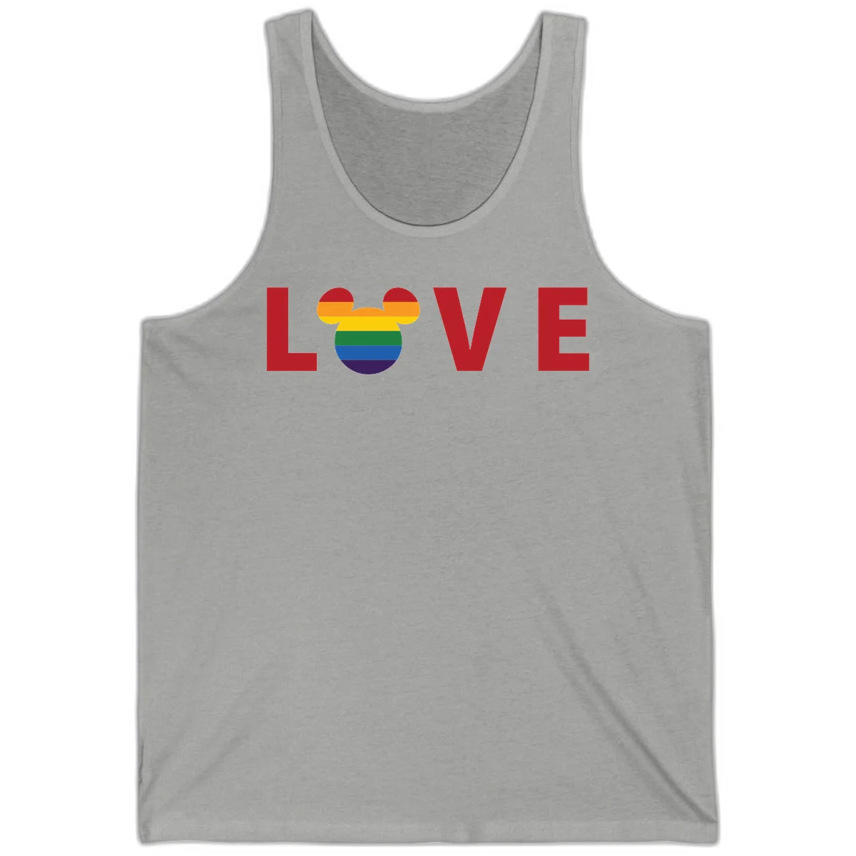 Love pride mouse ears design with rainbow-striped Mickey head icon and colorful pride flag stripes on gray background in Athletic Heather