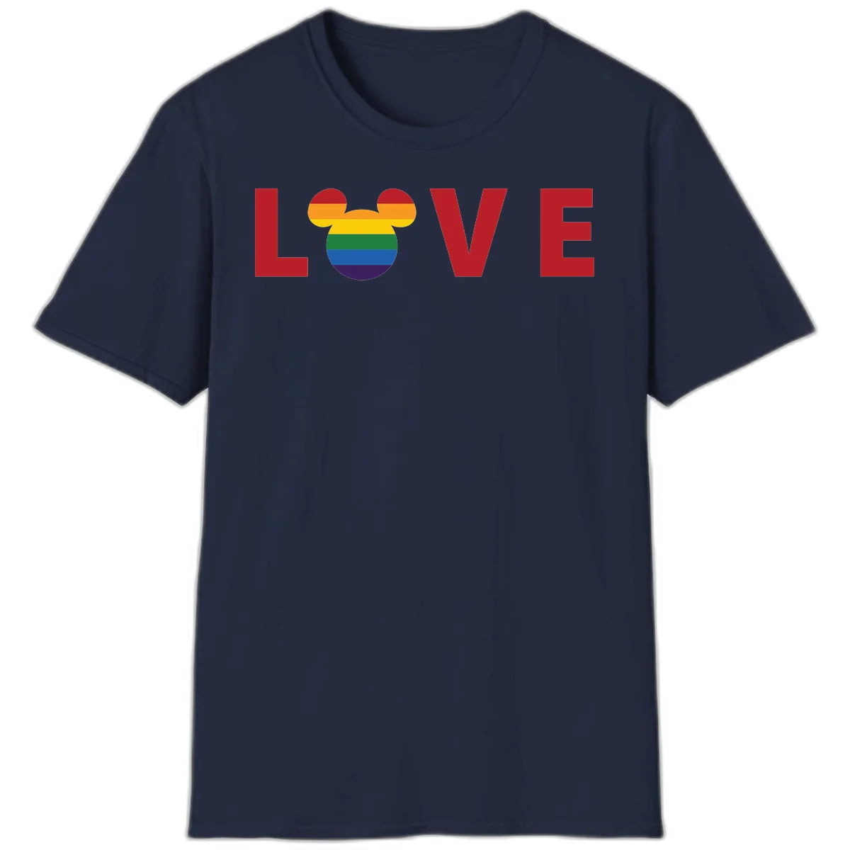 Love pride mouse ears design with rainbow-striped Mickey head icon and colorful pride flag stripes on gray background in Navy