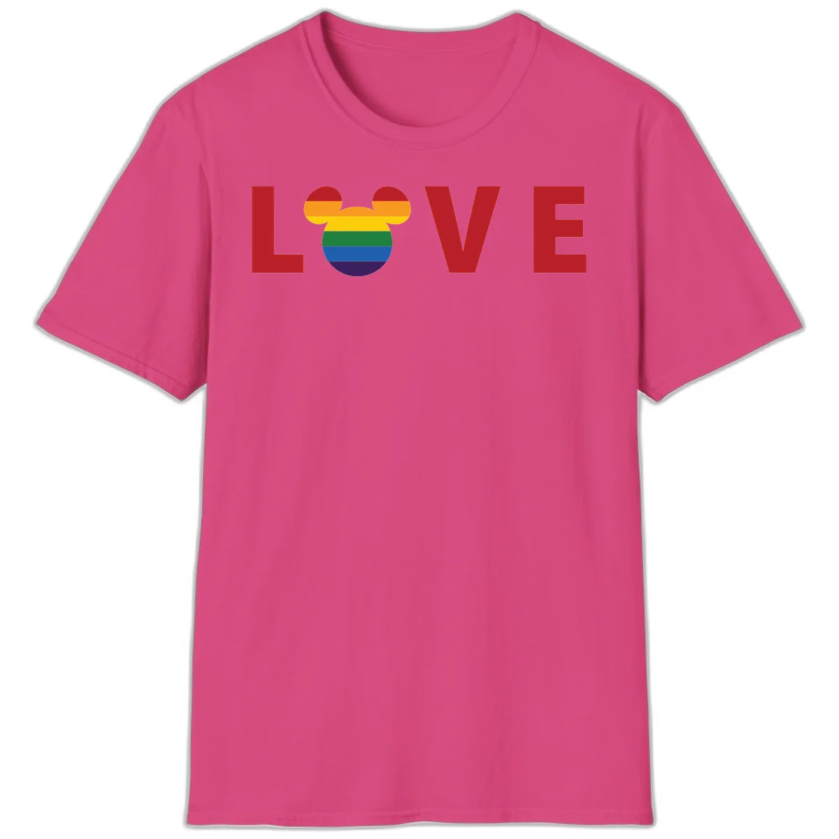 Love pride mouse ears design with rainbow-striped Mickey head icon and colorful pride flag stripes on gray background in Heliconia