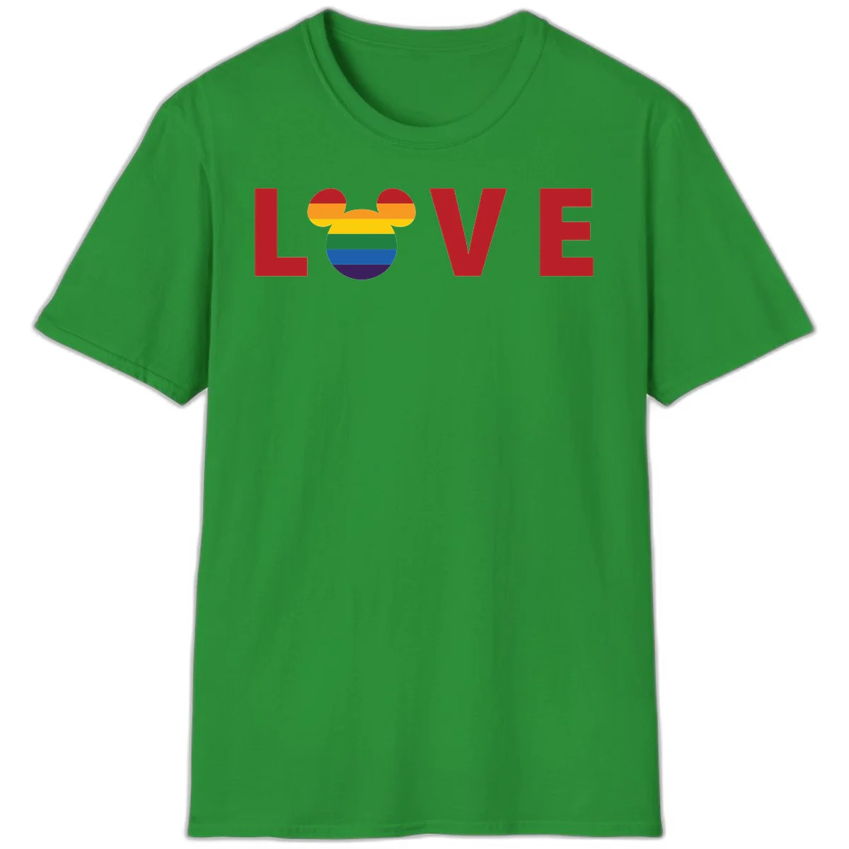 Love pride mouse ears design with rainbow-striped Mickey head icon and colorful pride flag stripes on gray background in Irish Green