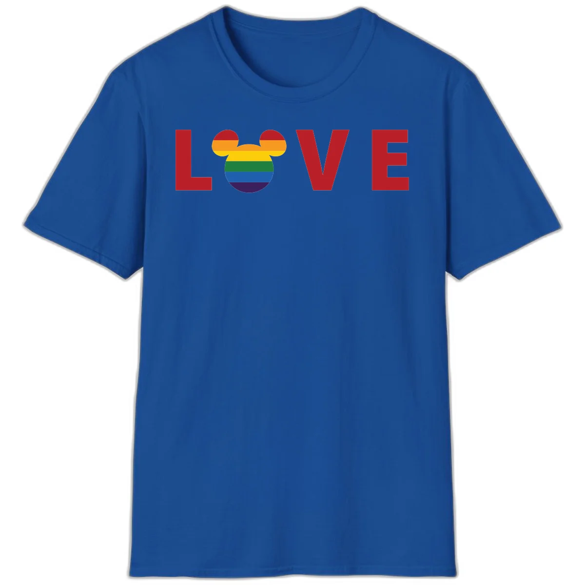 Love pride mouse ears design with rainbow-striped Mickey head icon and colorful pride flag stripes on gray background in Royal