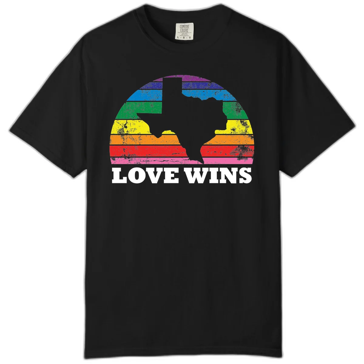 Two human head silhouettes in profile filled with rainbow horizontal stripes, with 'Love Wins' text below in Black
