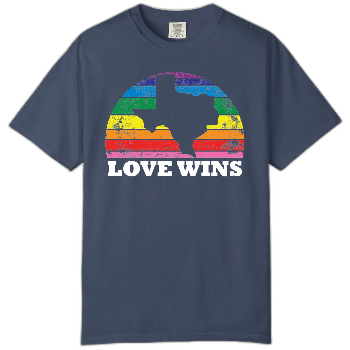 Two human head silhouettes in profile filled with rainbow horizontal stripes, with 'Love Wins' text below in Midnight