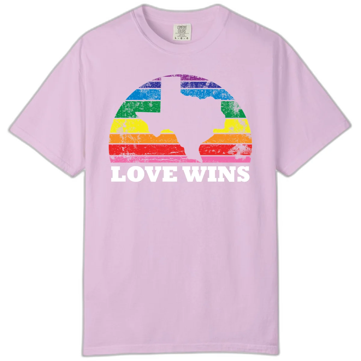 Two human head silhouettes in profile filled with rainbow horizontal stripes, with 'Love Wins' text below in Orchid