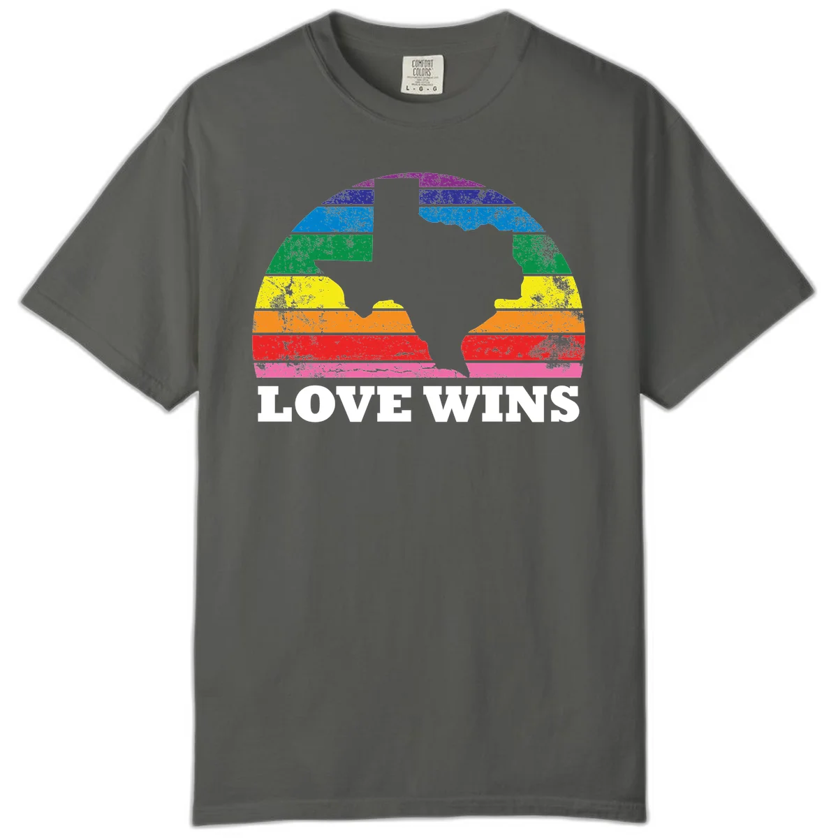 Two human head silhouettes in profile filled with rainbow horizontal stripes, with 'Love Wins' text below in Pepper