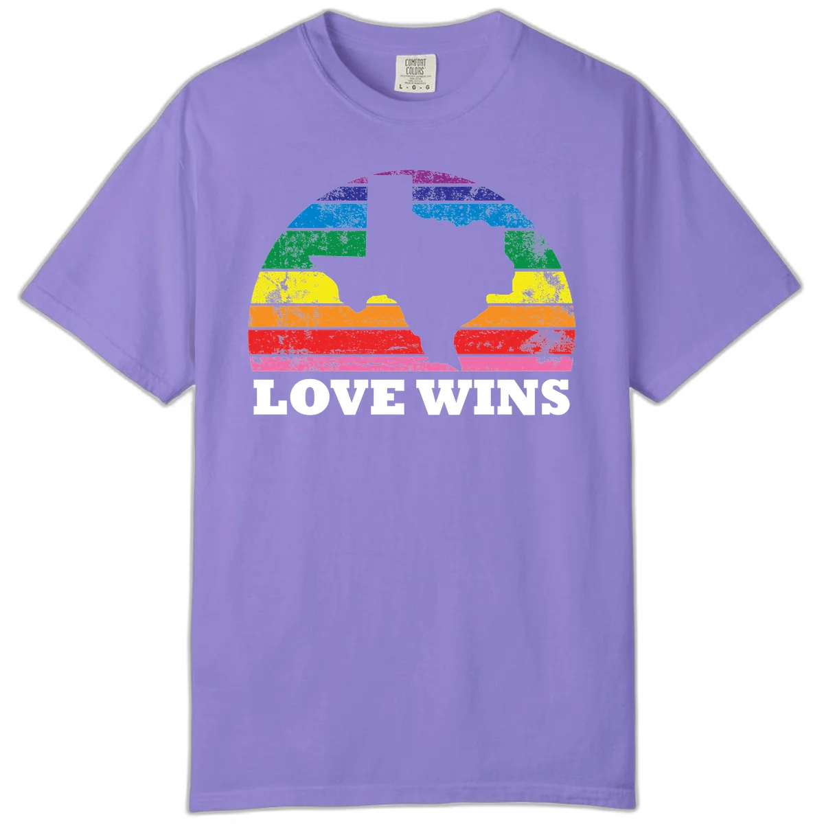 Two human head silhouettes in profile filled with rainbow horizontal stripes, with 'Love Wins' text below in Violet