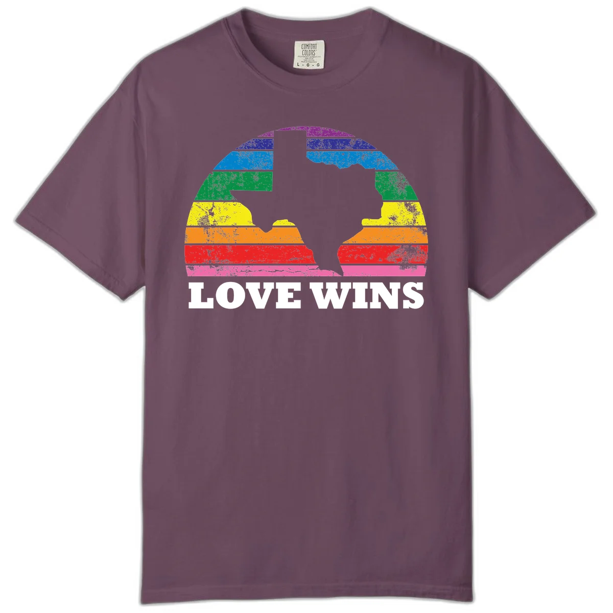 Two human head silhouettes in profile filled with rainbow horizontal stripes, with 'Love Wins' text below in Berry