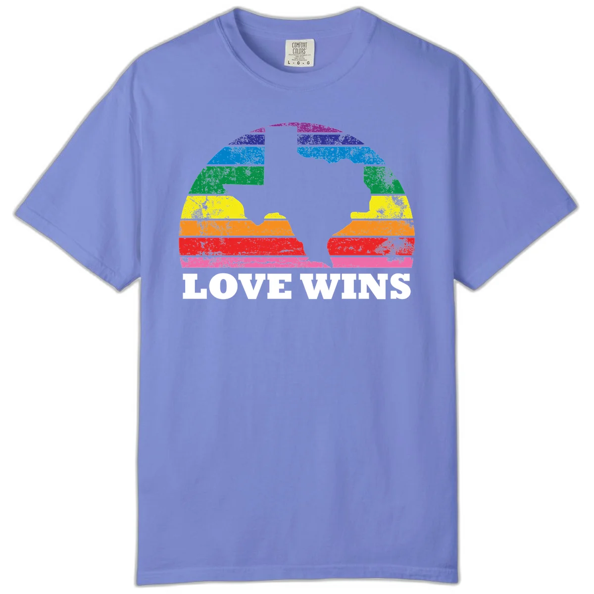Two human head silhouettes in profile filled with rainbow horizontal stripes, with 'Love Wins' text below in Flo Blue