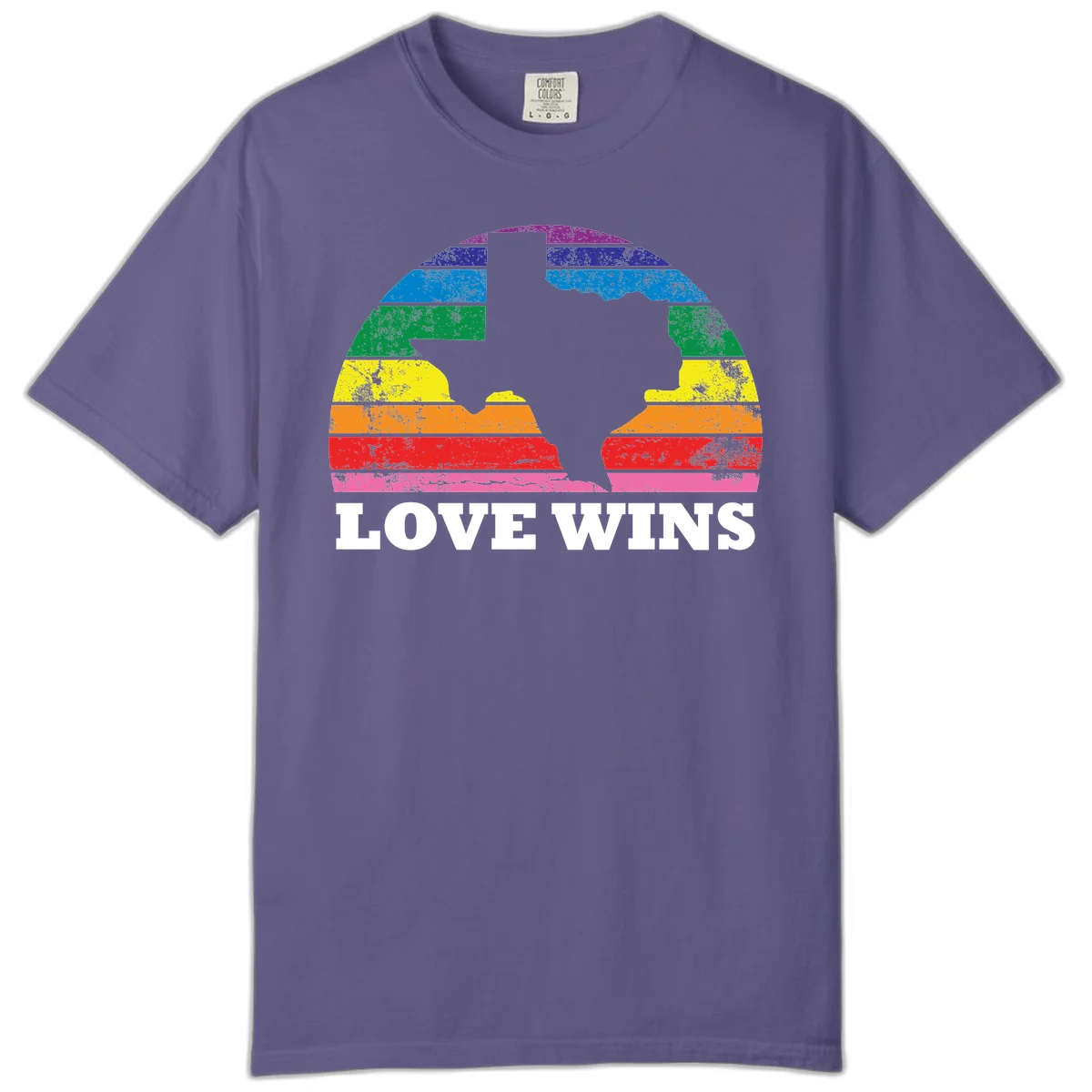 Two human head silhouettes in profile filled with rainbow horizontal stripes, with 'Love Wins' text below in Grape