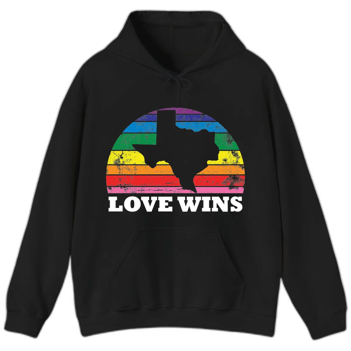 Two human head silhouettes in profile filled with rainbow horizontal stripes, with 'Love Wins' text below in Black