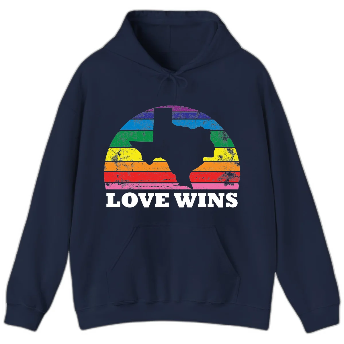 Two human head silhouettes in profile filled with rainbow horizontal stripes, with 'Love Wins' text below in Navy