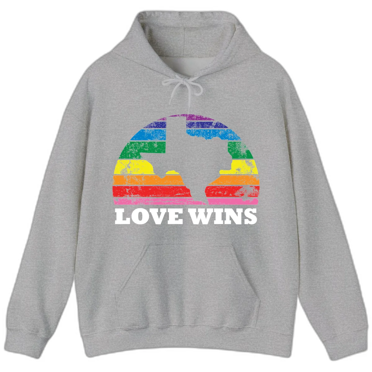 Two human head silhouettes in profile filled with rainbow horizontal stripes, with 'Love Wins' text below in Sport Grey