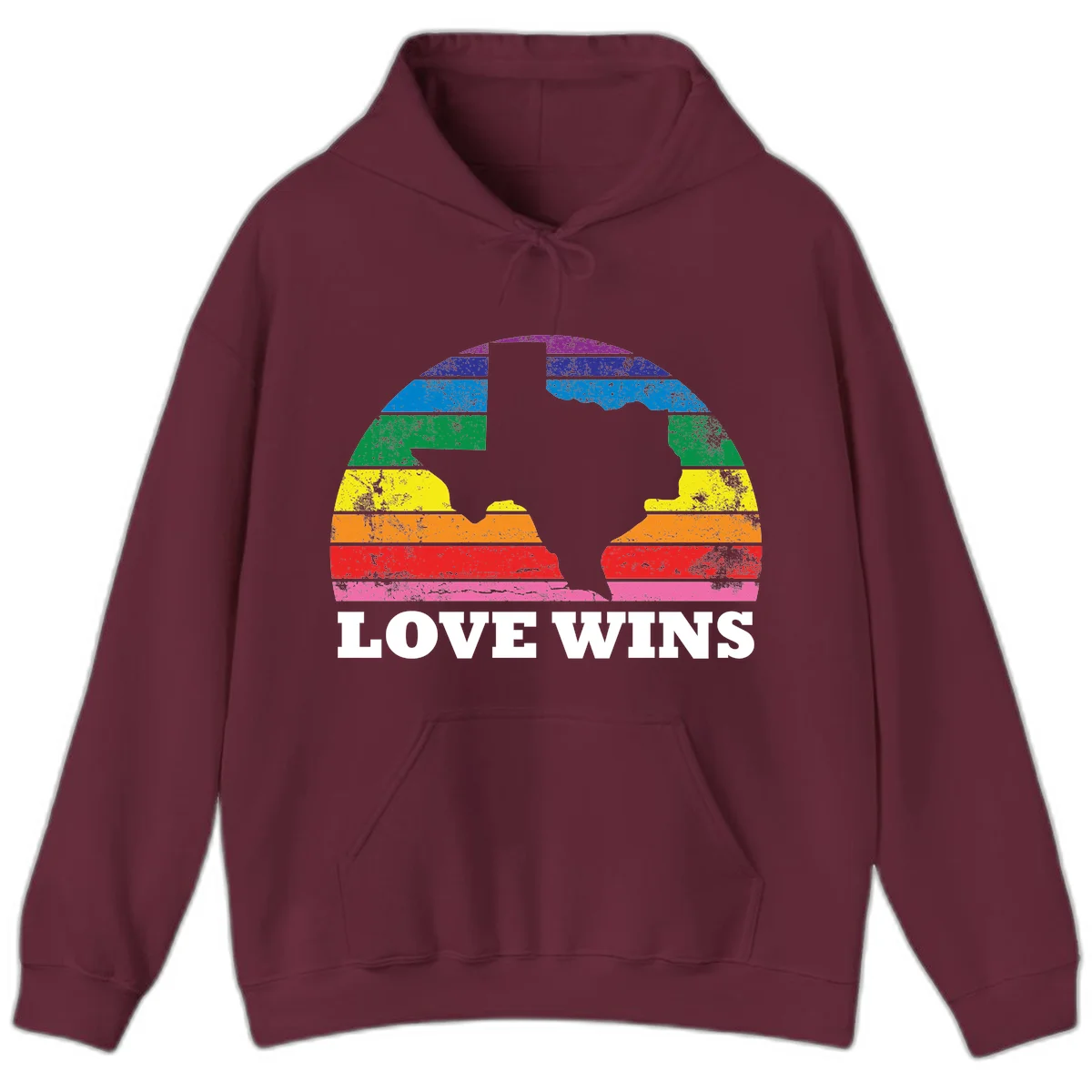 Two human head silhouettes in profile filled with rainbow horizontal stripes, with 'Love Wins' text below in Maroon