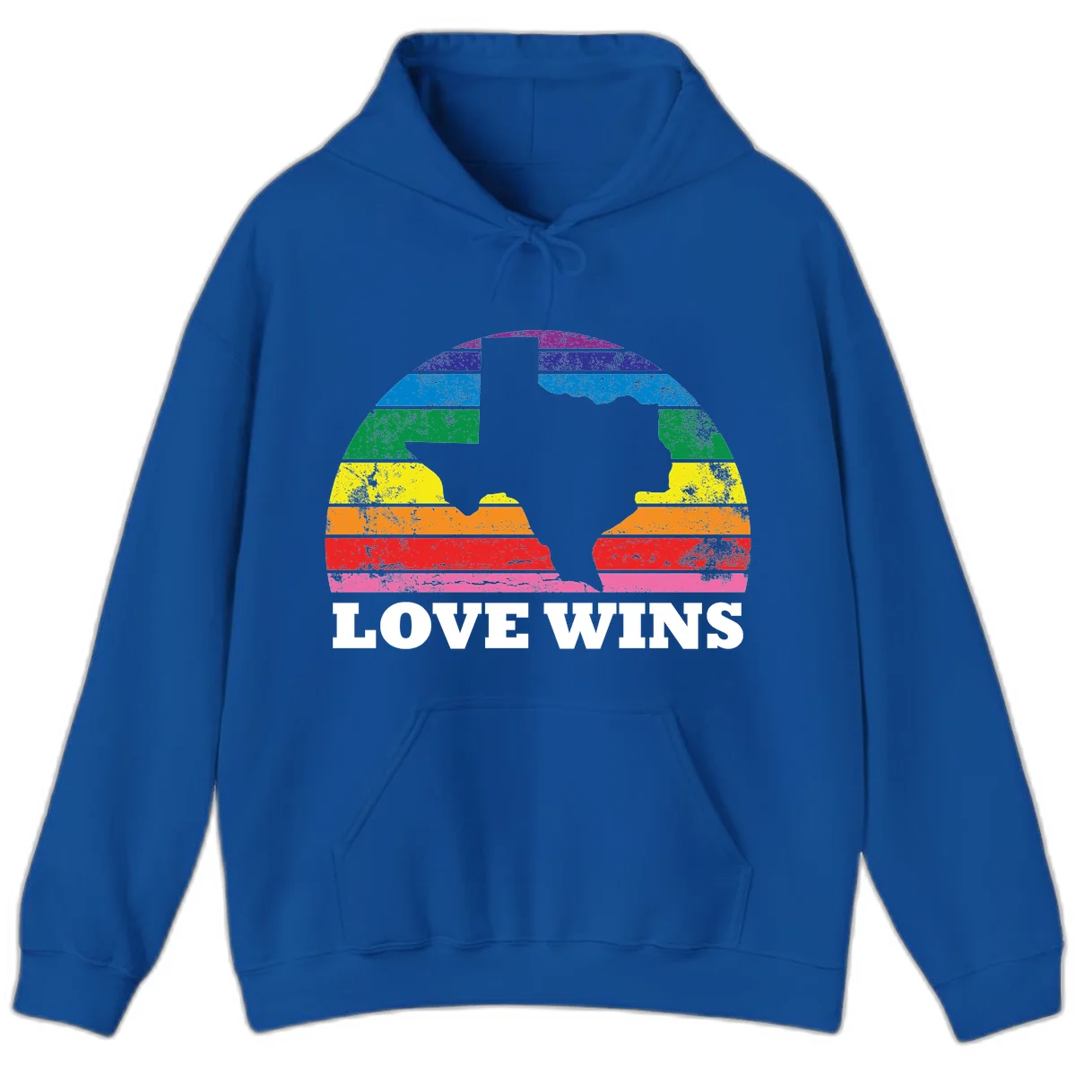 Two human head silhouettes in profile filled with rainbow horizontal stripes, with 'Love Wins' text below in Royal