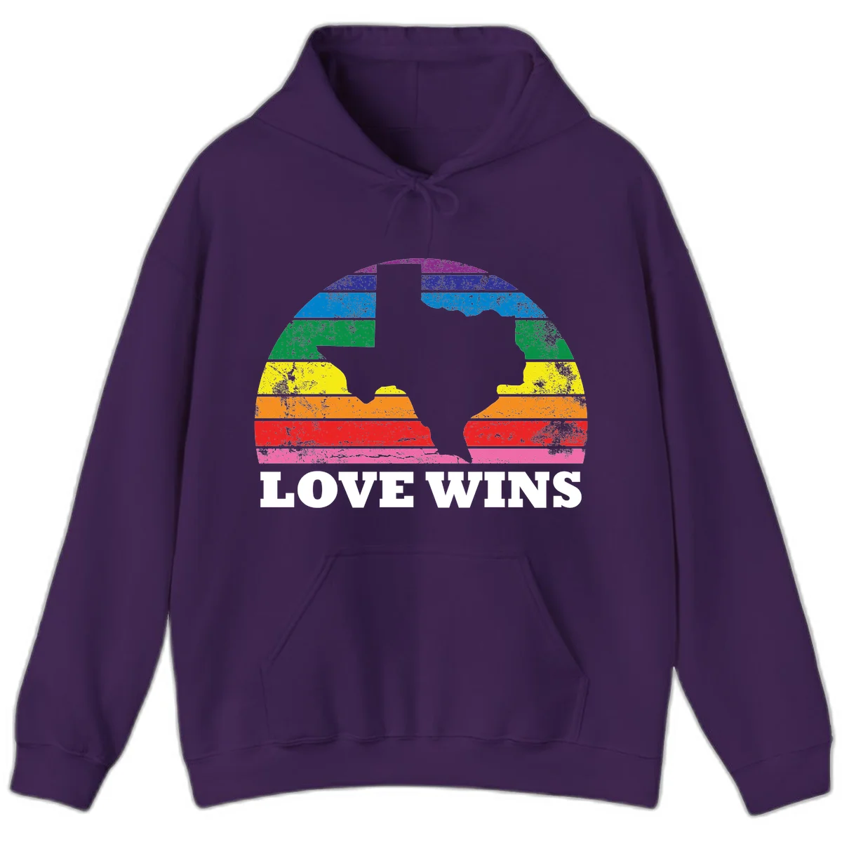 Two human head silhouettes in profile filled with rainbow horizontal stripes, with 'Love Wins' text below in Purple