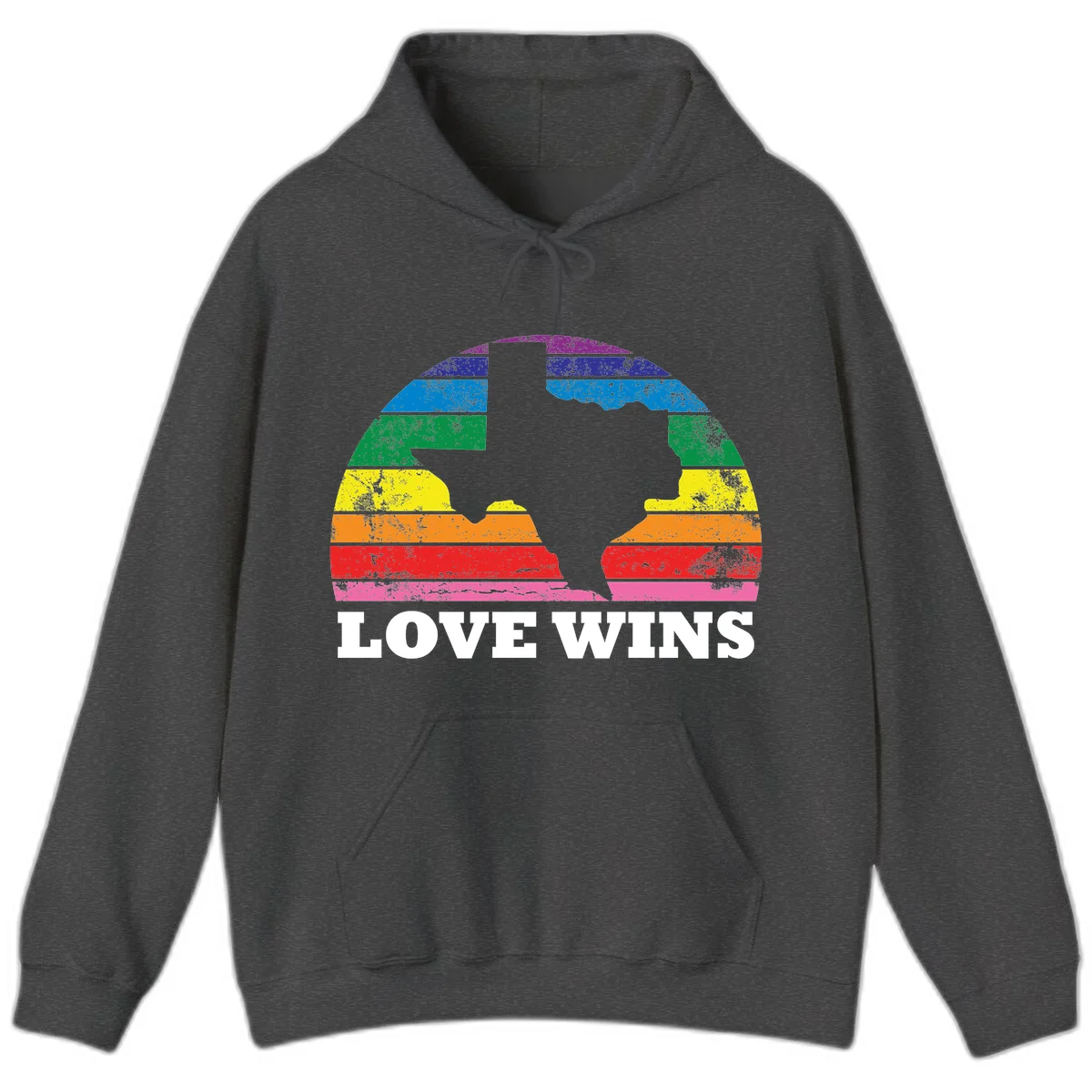 Two human head silhouettes in profile filled with rainbow horizontal stripes, with 'Love Wins' text below in Dark Heather