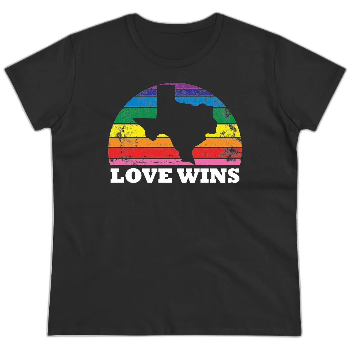 Two human head silhouettes in profile filled with rainbow horizontal stripes, with 'Love Wins' text below in Black