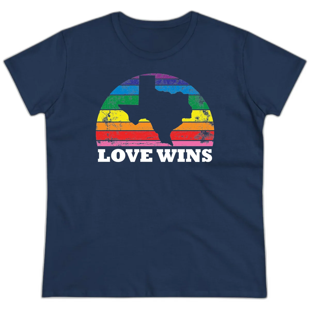Two human head silhouettes in profile filled with rainbow horizontal stripes, with 'Love Wins' text below in Navy