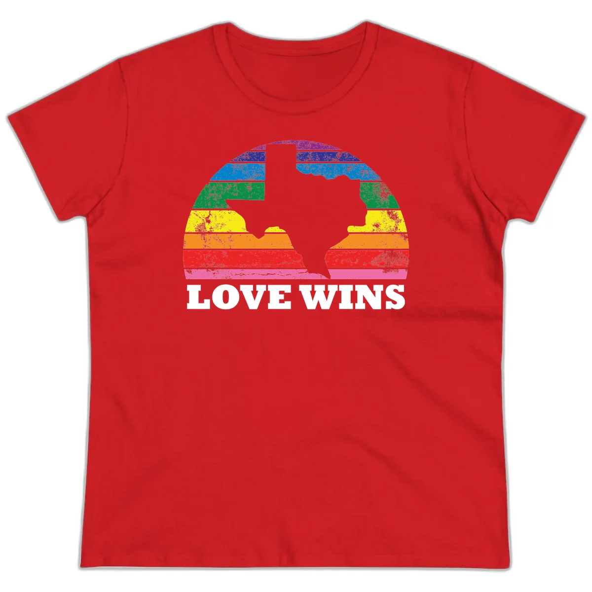 Two human head silhouettes in profile filled with rainbow horizontal stripes, with 'Love Wins' text below in Red
