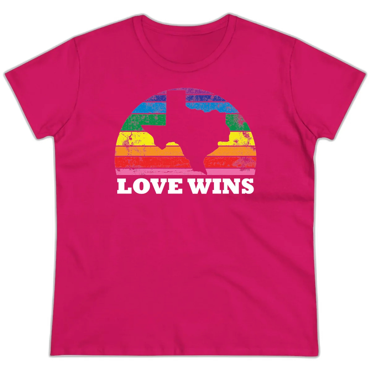 Two human head silhouettes in profile filled with rainbow horizontal stripes, with 'Love Wins' text below in Heliconia
