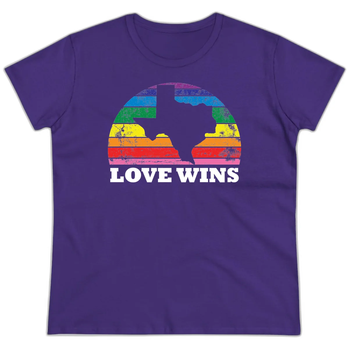 Two human head silhouettes in profile filled with rainbow horizontal stripes, with 'Love Wins' text below in Purple