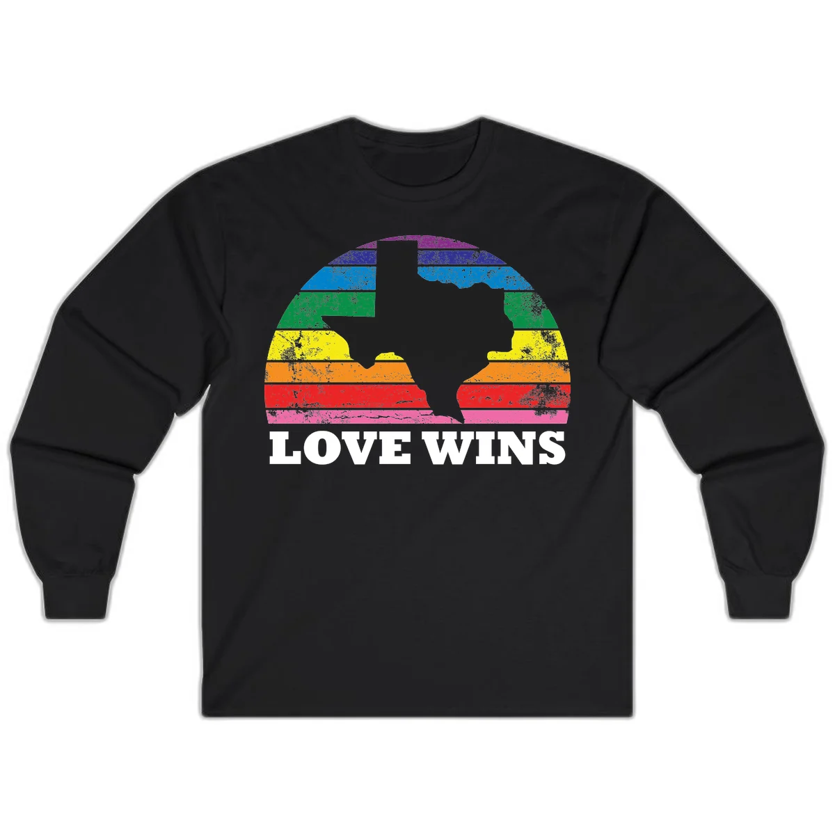 Two human head silhouettes in profile filled with rainbow horizontal stripes, with 'Love Wins' text below in Black