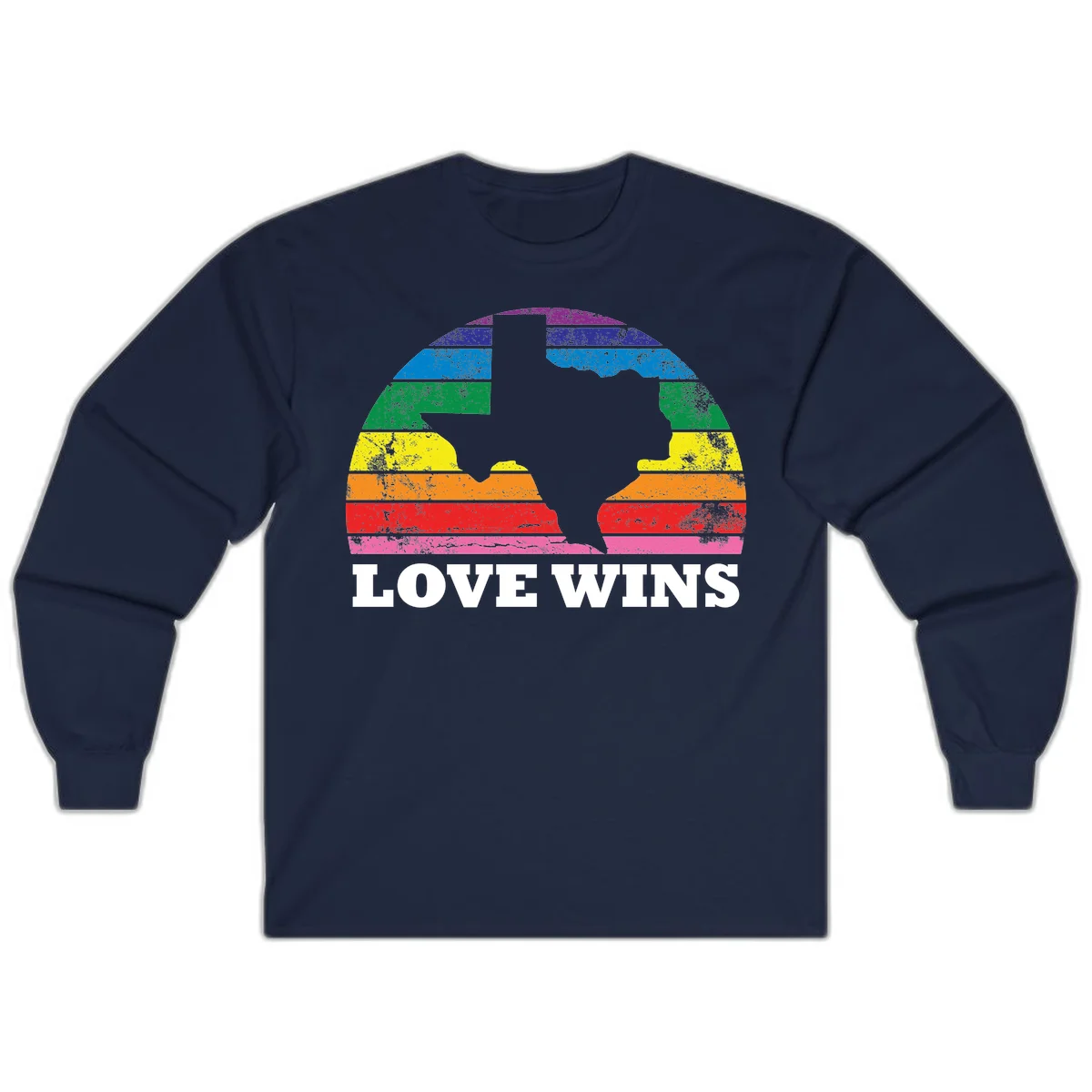 Two human head silhouettes in profile filled with rainbow horizontal stripes, with 'Love Wins' text below in Navy