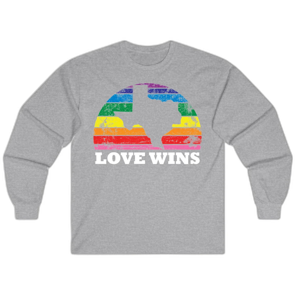Two human head silhouettes in profile filled with rainbow horizontal stripes, with 'Love Wins' text below in Sport Grey