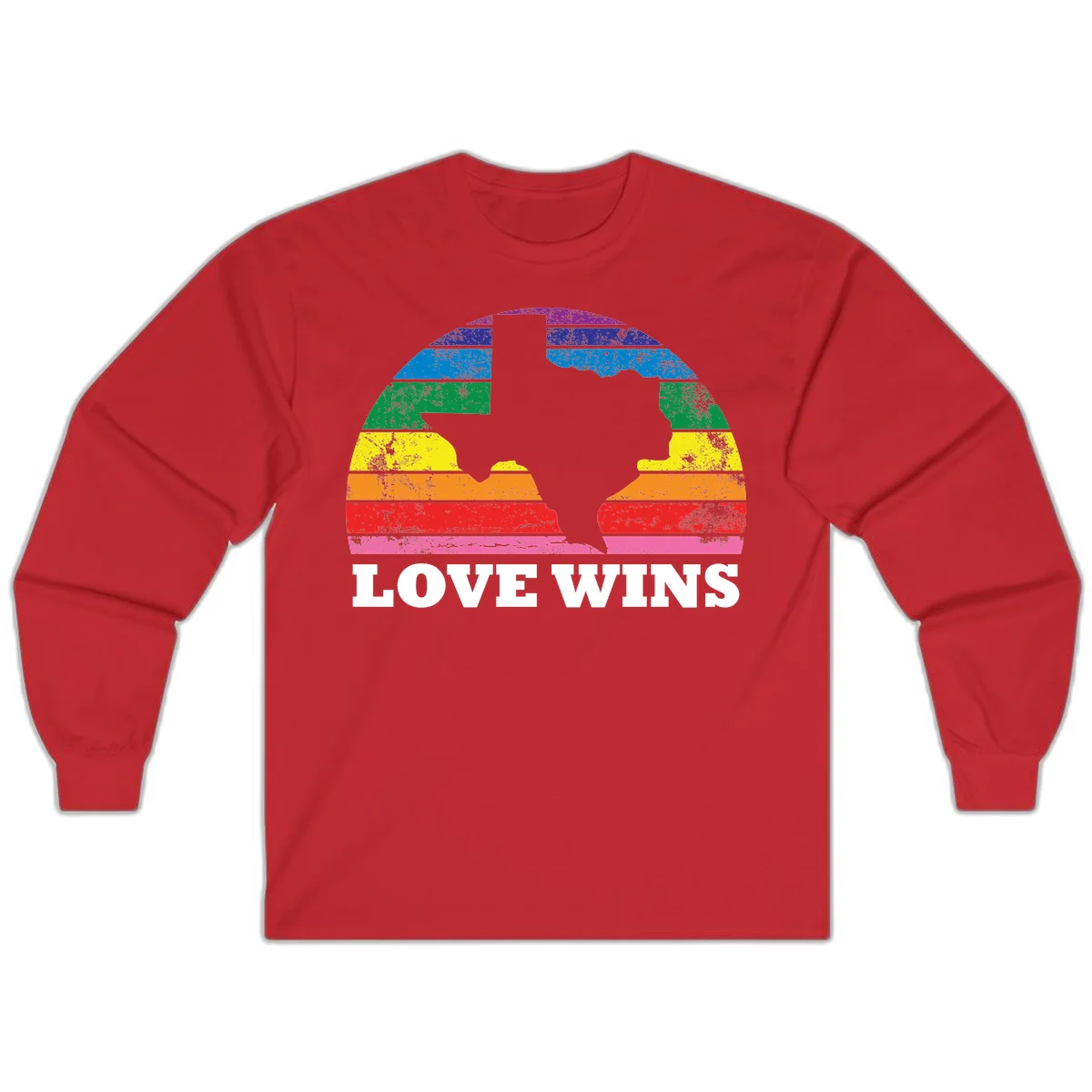 Two human head silhouettes in profile filled with rainbow horizontal stripes, with 'Love Wins' text below in Red