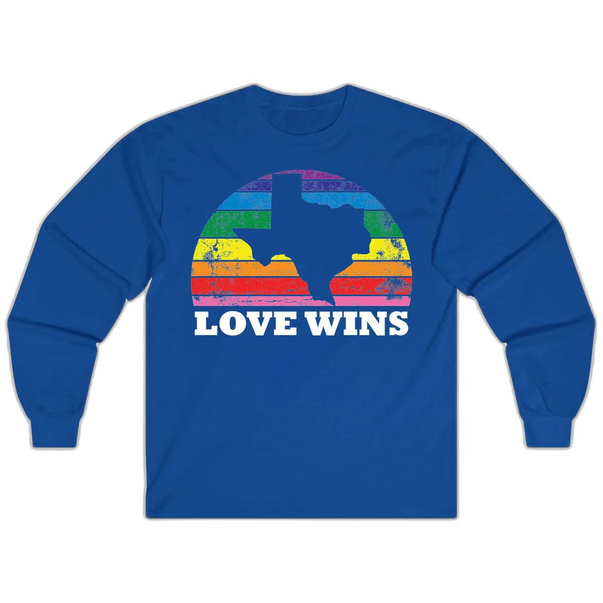 Two human head silhouettes in profile filled with rainbow horizontal stripes, with 'Love Wins' text below in Royal