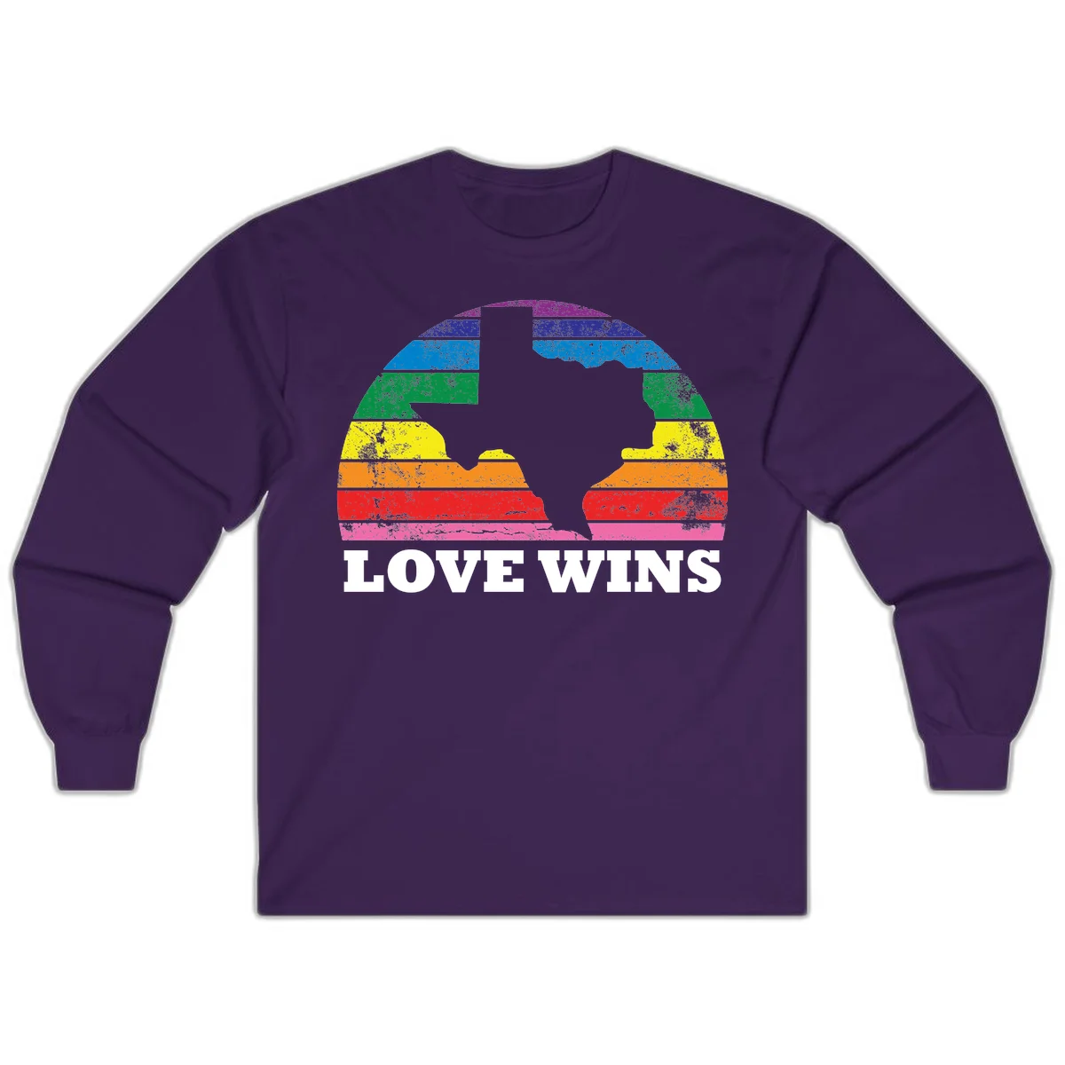 Two human head silhouettes in profile filled with rainbow horizontal stripes, with 'Love Wins' text below in Purple