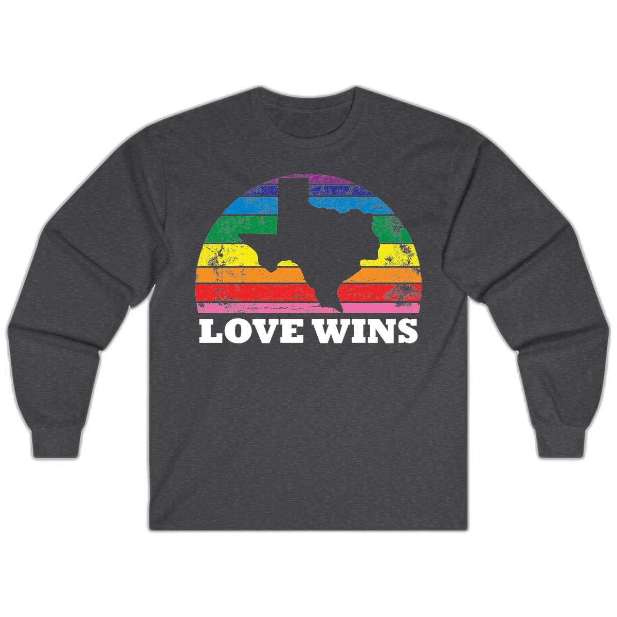 Two human head silhouettes in profile filled with rainbow horizontal stripes, with 'Love Wins' text below in Dark Heather